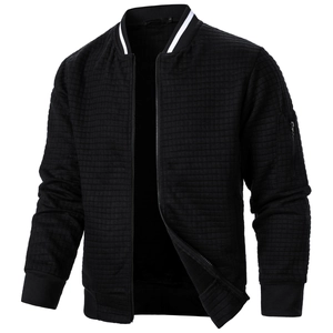 Men's black waffle quilted bomber jacket with striped stand collar and full zipper closure