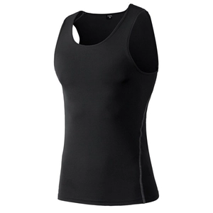 Detail of grey reinforced stitching and size S label on men's black compression vest