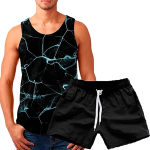 Detail of 3D electric blue crackle print tank top and black drawstring shorts set