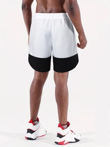 Detail view of men's marathon running shorts with breathable mesh and black-white contrast