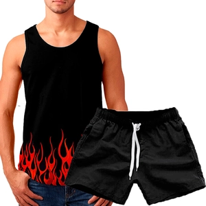 Detail of men's summer tank top set with vibrant red flame print and drawstring shorts