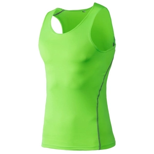 Close-up of fluorescent green fitness vest showing grey flatlock stitching and 3D fit