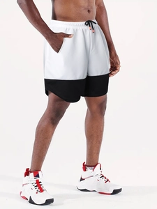 Detail of men's marathon shorts with breathable mesh and contrast color stitching
