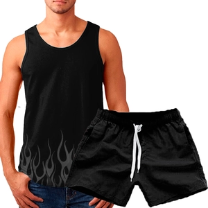 Detail view of men's summer 2-piece set with black flame print tank top and shorts