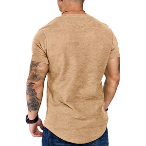 Detail shot of khaki men's tee featuring a curved hem and premium textured knit fabric