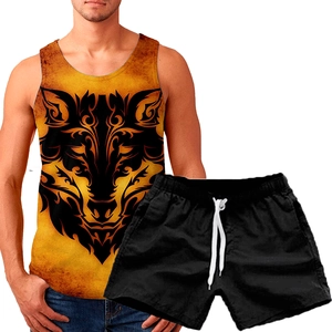 Summer men's 2-piece sportswear set with vintage orange wolf totem tank top and black shorts
