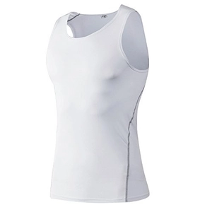 Close-up of white men's compression vest showing reinforced side seams and elastic fabric