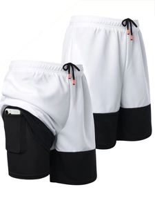 Macro detail of men's 2-in-1 running shorts with inner phone pocket and white mesh fabric