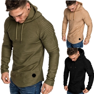 Men's Casual Polyester Pleated Raglan Sleeve Hoodie Solid Color Long Sleeve Curved Hem Hooded Sweatshirt Top