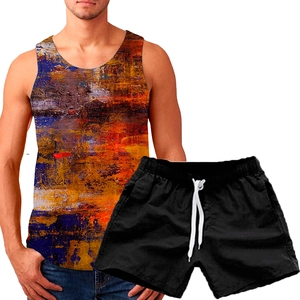 Detail of men's summer tank top with abstract 3D oil painting print and drawstring shorts