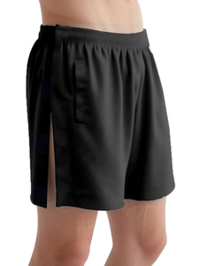 Detail showing medical recovery shorts with side velcro closures and breathable black fabric
