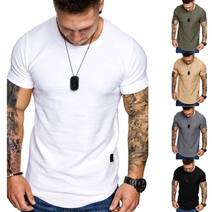 Men's crew neck T-shirt close-up showing curved hem and premium knit fabric details