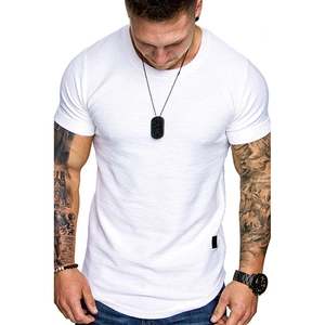 Detailed view of white men's T-shirt with waffle texture and stylish curved hemline
