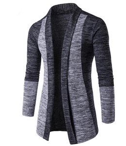 Detail of grey color block patchwork on men's slim fit long sleeve knit cardigan
