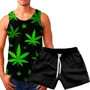 Men's summer casual set featuring black 3D tropical leaf print tank top and shorts