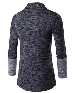 Back view of a grey and black knitted men cardigan with contrasting cuffs and lapel collar