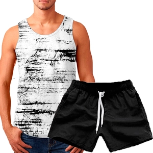 Detail of men's summer 3D print sleeveless tank top and black sports shorts set