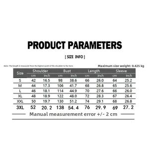 Detailed size chart showing shoulder, bust, and length measurements for men's winter hoodies