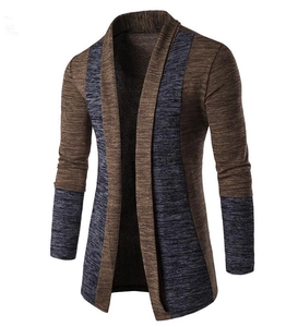 Detail of the knit texture and color-block shawl collar on this men cardigan sweater