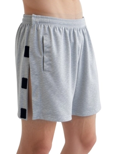 Detail view of the side velcro opening and pocket on grey post-surgery patient shorts
