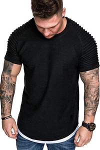 Detail of men's slim fit black T-shirt featuring pleated shoulders and layered hem effect