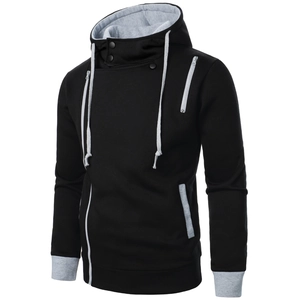 Men's casual hoodie with high neck snaps and stylish black grey color block design