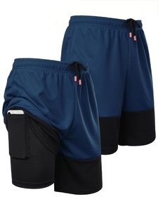 Detail showing inner compression layer and phone pocket of two-in-one running shorts