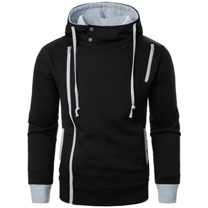 Detailed view of high neck hood and grey contrasting lining on men's black hoodie