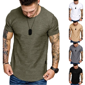 Close-up of men's casual slim fit T-shirts showing waffle texture and curved hemline