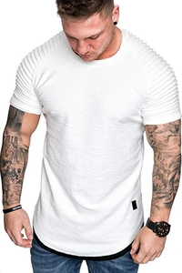 Close-up of white men's T-shirt featuring waffle texture fabric and ribbed sleeve detail
