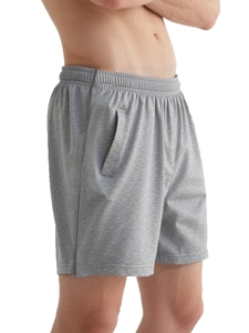 Detail view of heather gray elastic waistband and side pocket on easy-wear recovery shorts