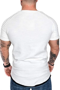 Close-up of men's white slim fit T-shirt featuring unique pleated shoulder texture details