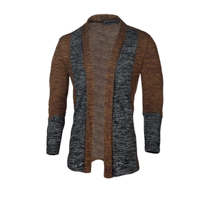 Detail of color-block knit texture on men cardigan without buttons in brown and grey