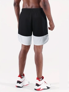 Rear view of black and white running shorts with breathable fabric and elastic waist