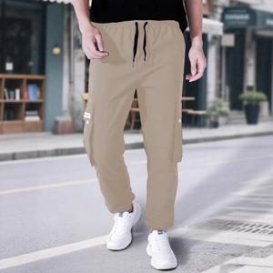 Pantaloni cargo kaki da uomo con vita elastica a coulisse e tasche laterali