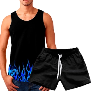 Detail view of men's sports set featuring black vest with blue flame print and drawstring shorts