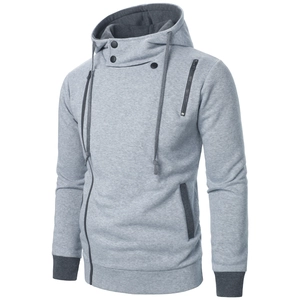 Men's fashion asymmetric side zip hoodie in light grey with ribbed cuffs and high collar