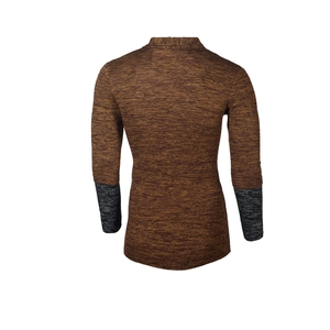 Detail view of men's slim fit cardigan featuring brown and grey color blocking on back