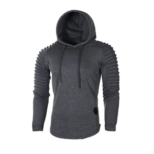 Detail showing spiral pleated shoulder texture on dark grey men's slim fit hoodie
