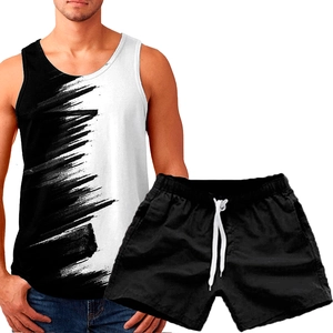 Macro detail of men's summer 3D printed tank top featuring artistic black and white paint strokes