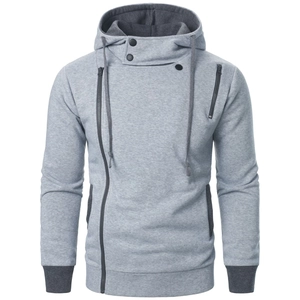 Detail view of men's hooded jacket featuring asymmetric zipper and color-block stitching