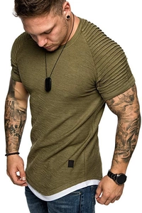 Detailed view of army green men's T-shirt featuring shoulder pleats and curved hem
