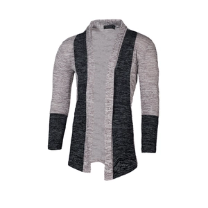 Detail of slim fit men's knit cardigan featuring a stylish grey color block拼接 design