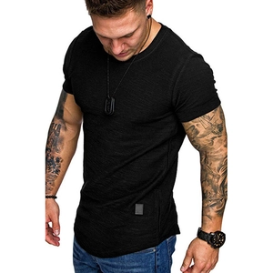 Detailed close-up of a men's black slub cotton T-shirt with curved hem and crew neck