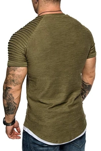 Detail of army green slim fit T-shirt with pleated shoulder texture and layered hem