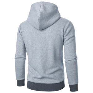 Detail view of men's grey hoodie featuring dark grey ribbed cuffs and hem contrast