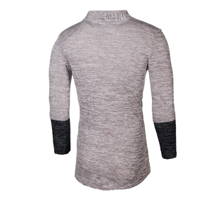 Rear view of slim fit men's knit sweater featuring marl grey texture and contrast cuffs