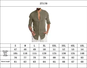 Detailed size chart for men's linen mandarin collar shirt from size S to 5XL