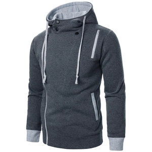 Men's two-tone charcoal and light grey hooded jacket with side zipper and button collar