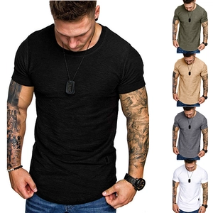 Detail view of men's crew neck T-shirt showcasing available colors and curved hem design